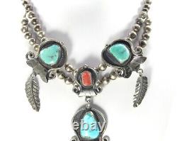 Navajo Squash Blossum Turquoise Coral Silver Necklace Vintage Native American