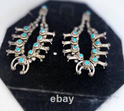 Navajo Sterling And Turquoise Vintage Squashblossom Dangle Pierced Earrings