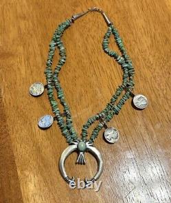 Navajo Turquoise Sterling Silver Squash Blossom Necklace Vintage Indian Jewelry