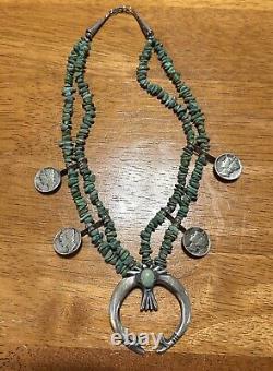 Navajo Turquoise Sterling Silver Squash Blossom Necklace Vintage Indian Jewelry