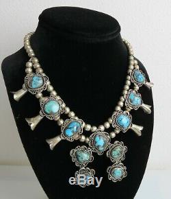 Navajo VTG petite sterling silver turquoise 15 squash blossom necklace