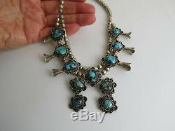 Navajo VTG petite sterling silver turquoise 15 squash blossom necklace