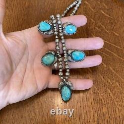 Navajo Vintage Bench Bead Sterling Silver Turquoise Blossom Station Necklace