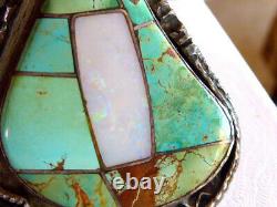 Navajo Vintage Native Americah Opsl Turquoise Silver Inlaid Sterling Pendant