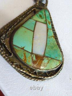 Navajo Vintage Native Americah Opsl Turquoise Silver Inlaid Sterling Pendant