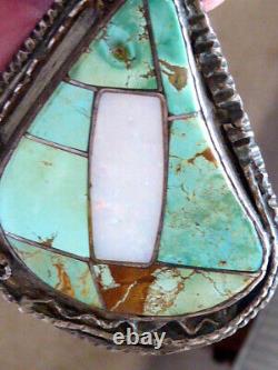 Navajo Vintage Native Americah Opsl Turquoise Silver Inlaid Sterling Pendant