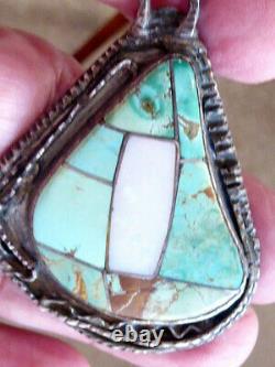 Navajo Vintage Native Americah Opsl Turquoise Silver Inlaid Sterling Pendant
