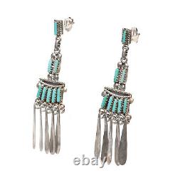 Navajo Yuselew Zuni Silver & Turquoise Earrings Vintage Needlepoint Pair