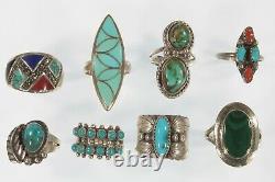 Navajo, Zuni & Other Sterling Silver Turquoise, Coral, Malekite Ring Collection
