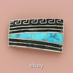Navajo sterling silver vintage sandcast turquoise (0.75in) belt buckle