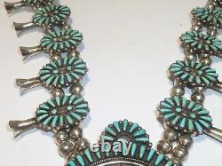 Needle Point Turquoise Sterling Silver Navajo Squash Blossom Necklace Vintage