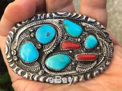 OLD Pawn Vintage Navajo CORAL & TURQUOISE With Snake Sterling Silver Belt Buckle