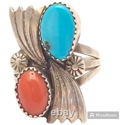 OUTSTANDING VINTAGE NAVAJO MORENCI TURQUOISE CORAL STERLING SILVER RINGsz8