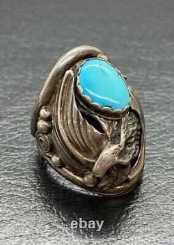 Old 15g Vintage Navajo Marked Sterling Silver Turquoise EAGLE Ring Size 9.5