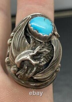 Old 15g Vintage Navajo Marked Sterling Silver Turquoise EAGLE Ring Size 9.5