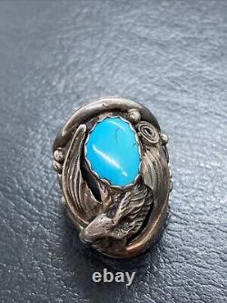 Old 15g Vintage Navajo Marked Sterling Silver Turquoise EAGLE Ring Size 9.5