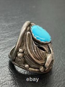 Old 15g Vintage Navajo Marked Sterling Silver Turquoise EAGLE Ring Size 9.5