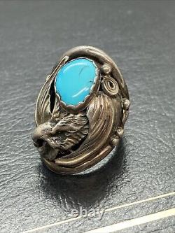 Old 15g Vintage Navajo Marked Sterling Silver Turquoise EAGLE Ring Size 9.5