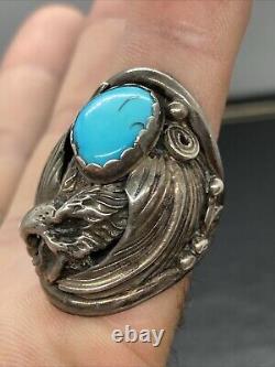 Old 15g Vintage Navajo Marked Sterling Silver Turquoise EAGLE Ring Size 9.5