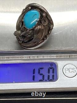 Old 15g Vintage Navajo Marked Sterling Silver Turquoise EAGLE Ring Size 9.5