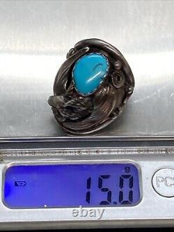 Old 15g Vintage Navajo Marked Sterling Silver Turquoise EAGLE Ring Size 9.5