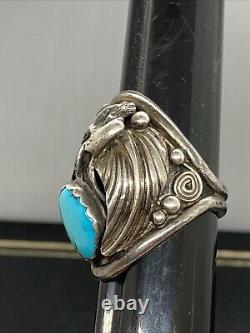 Old 15g Vintage Navajo Marked Sterling Silver Turquoise EAGLE Ring Size 9.5