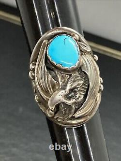 Old 15g Vintage Navajo Marked Sterling Silver Turquoise EAGLE Ring Size 9.5