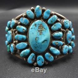 Old 1940s Vintage NAVAJO Sterling Silver & Blue TURQUOISE Cluster Cuff BRACELET