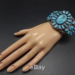 Old 1940s Vintage NAVAJO Sterling Silver & Blue TURQUOISE Cluster Cuff BRACELET