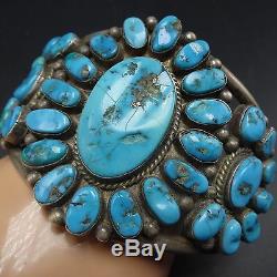 Old 1940s Vintage NAVAJO Sterling Silver & Blue TURQUOISE Cluster Cuff BRACELET