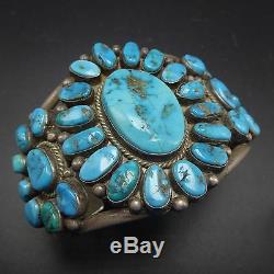 Old 1940s Vintage NAVAJO Sterling Silver & Blue TURQUOISE Cluster Cuff BRACELET