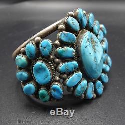 Old 1940s Vintage NAVAJO Sterling Silver & Blue TURQUOISE Cluster Cuff BRACELET