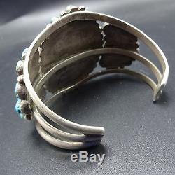 Old 1940s Vintage NAVAJO Sterling Silver & Blue TURQUOISE Cluster Cuff BRACELET