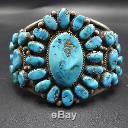 Old 1940s Vintage NAVAJO Sterling Silver & Blue TURQUOISE Cluster Cuff BRACELET