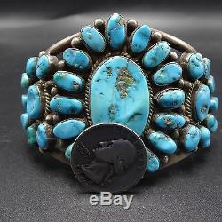 Old 1940s Vintage NAVAJO Sterling Silver & Blue TURQUOISE Cluster Cuff BRACELET