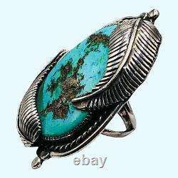 Old Pawn Navajo Turquoise Vintage Full Finger Ring 925 Sterling Silver Size 14