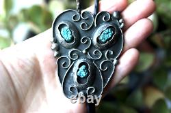 Old Pawn THREE STONE TURQUOISE SHADOWBOX BOLO sterling vintage Navajo signed