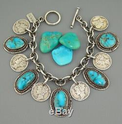 Old Pawn TURQUOISE Navajo CHARM BRACELET Vintage MERCURY DIME Pendant STERLING