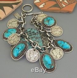 Old Pawn TURQUOISE Navajo CHARM BRACELET Vintage MERCURY DIME Pendant STERLING