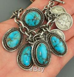 Old Pawn TURQUOISE Navajo CHARM BRACELET Vintage MERCURY DIME Pendant STERLING