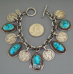 Old Pawn TURQUOISE Navajo CHARM BRACELET Vintage MERCURY DIME Pendant STERLING