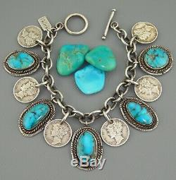 Old Pawn TURQUOISE Navajo CHARM BRACELET Vintage MERCURY DIME Pendant STERLING