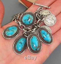 Old Pawn TURQUOISE Navajo CHARM BRACELET Vintage MERCURY DIME Pendant STERLING