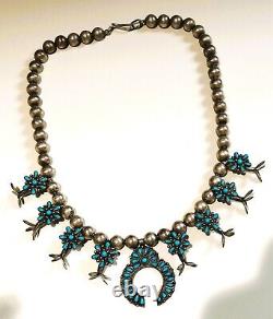 Old Pawn Vintage NA Petite Petit Point Turquoise Squash Blossom Necklace