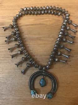 Old Pawn Vintage Native Navajo Morenci Turquoise Sterling Silver Squash Blossom