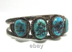 Old Pawn Vintage Sterling Turquoise Navajo Cuff Bracelet 5 Stone Leaf Spiderweb