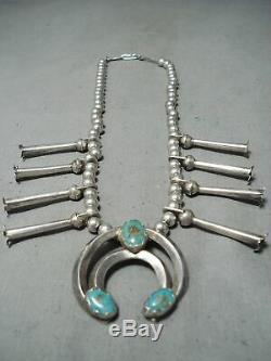 Old Vintage Navajo Royston Turquoise Sterling Silver Squash Blossom Necklace