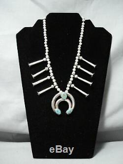 Old Vintage Navajo Royston Turquoise Sterling Silver Squash Blossom Necklace