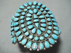 One Of Best Vintage Navajo Blue Gem Turquoise Sterling Silver Cluster Bracelet