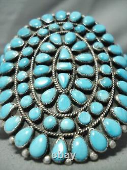 One Of Best Vintage Navajo Blue Gem Turquoise Sterling Silver Cluster Bracelet